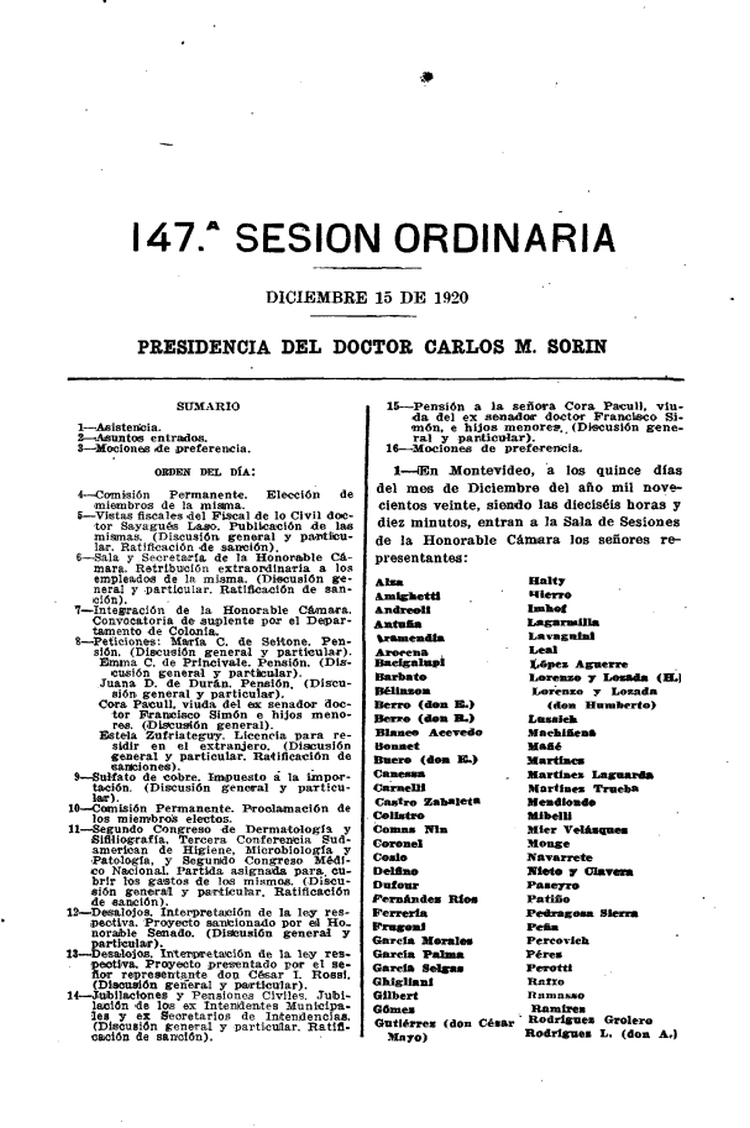 DIARIO DE SESIONES DE LA CAMARA DE REPRESENTANTES del 15/12/1920
